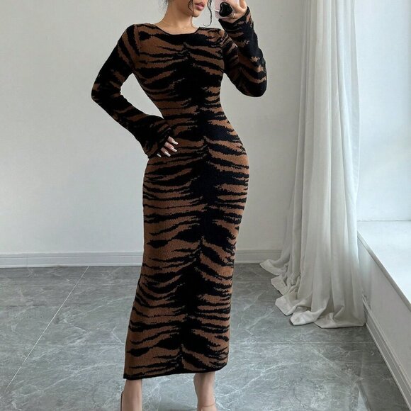 Coffee Brown Elegant Women's Round Neck Long Sleeve Bodycon Dress - Picture 6 of 7